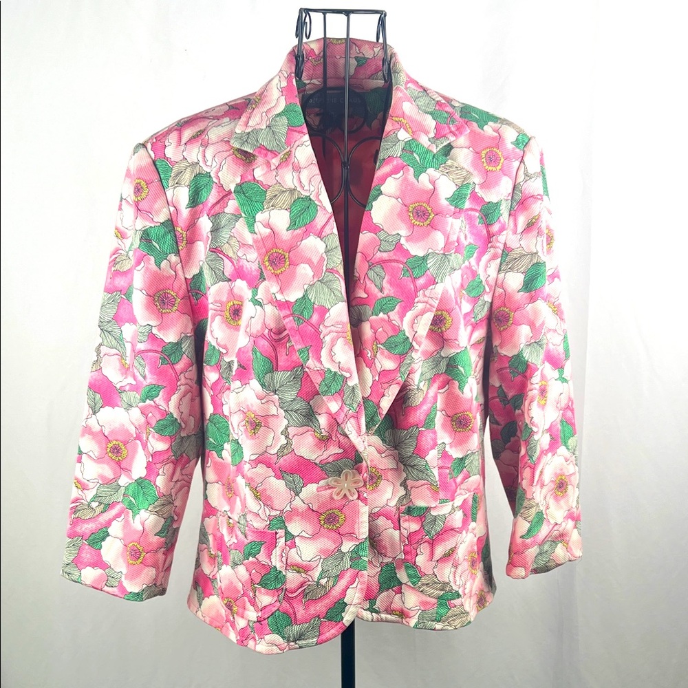 Vintage Josephine Chaus Floral Pink Blazer Woman’s Size 14 Cotton Spandex Blend - Picture 1 of 9